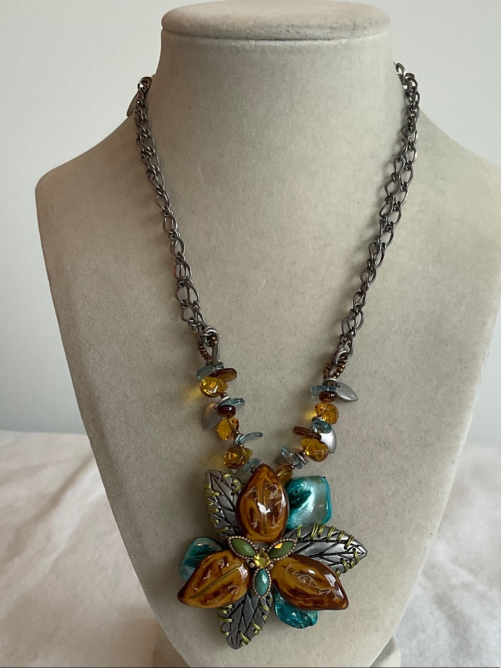 Chico’s Amber & Teal Floral Statement Necklace